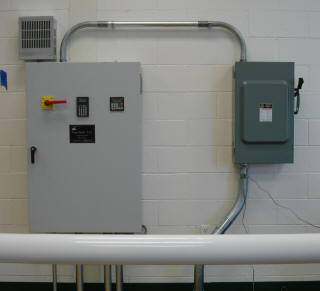 EquiGym High Speed Treadmill Control and Disconnect Boxes EquiGym High Speed Treadmill main control box and disconnect on the wall