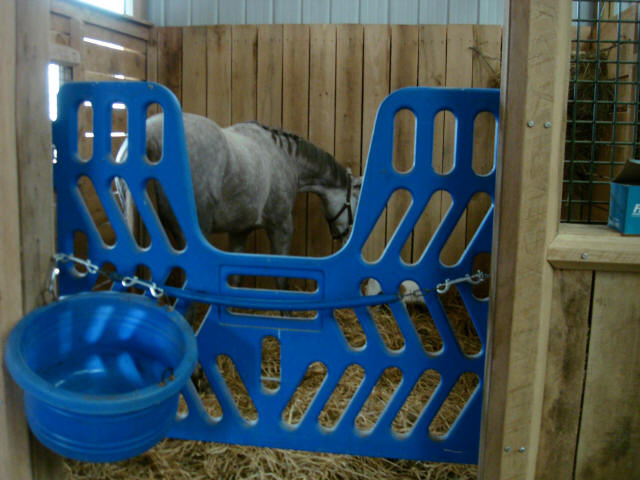 Aerohorse Plastic Stall Gate hanging in front of a stall